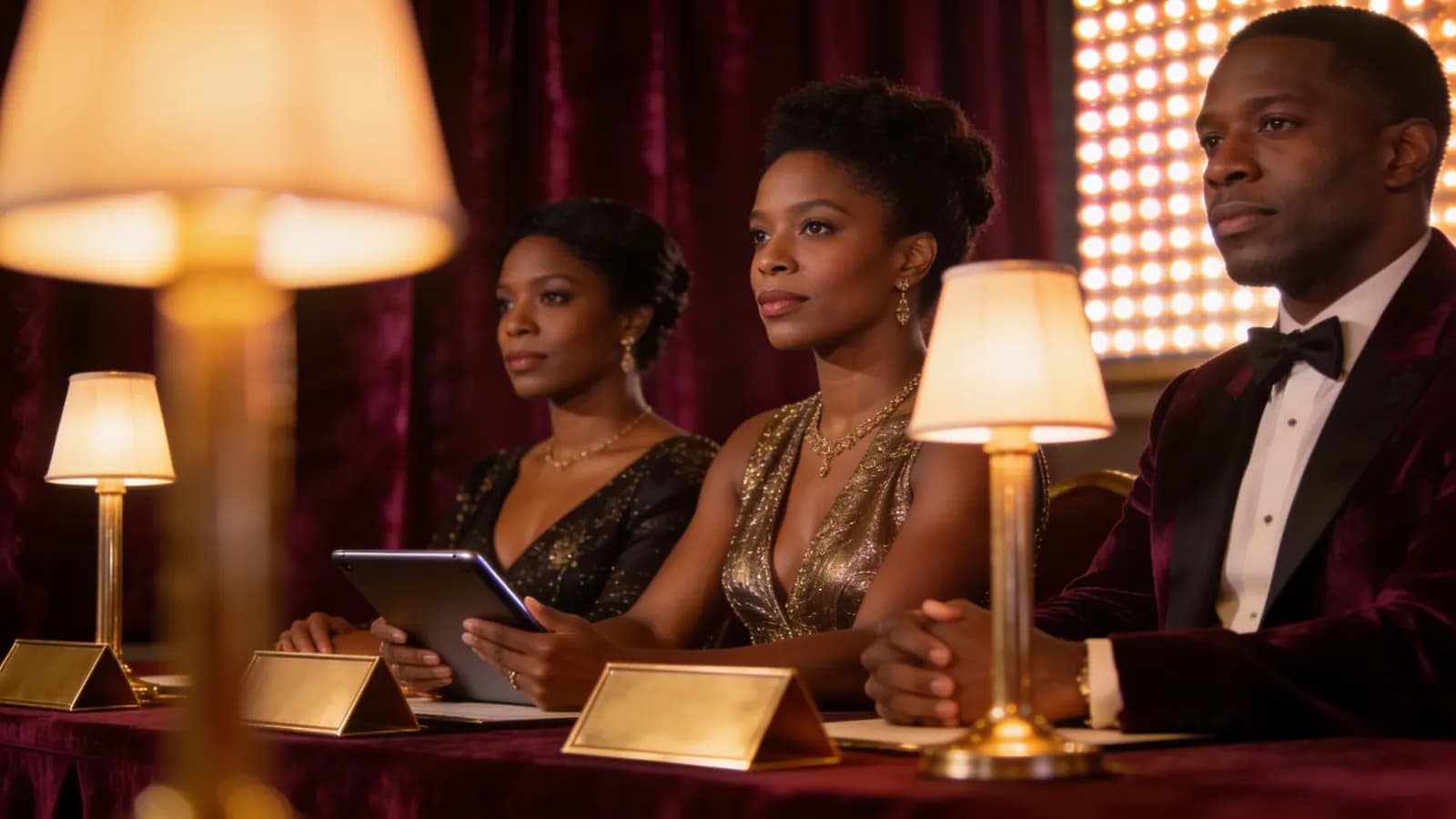 Une finale à Douala : jury noir au premier rang, candidats en lumière sur scène, public téléphone à la main