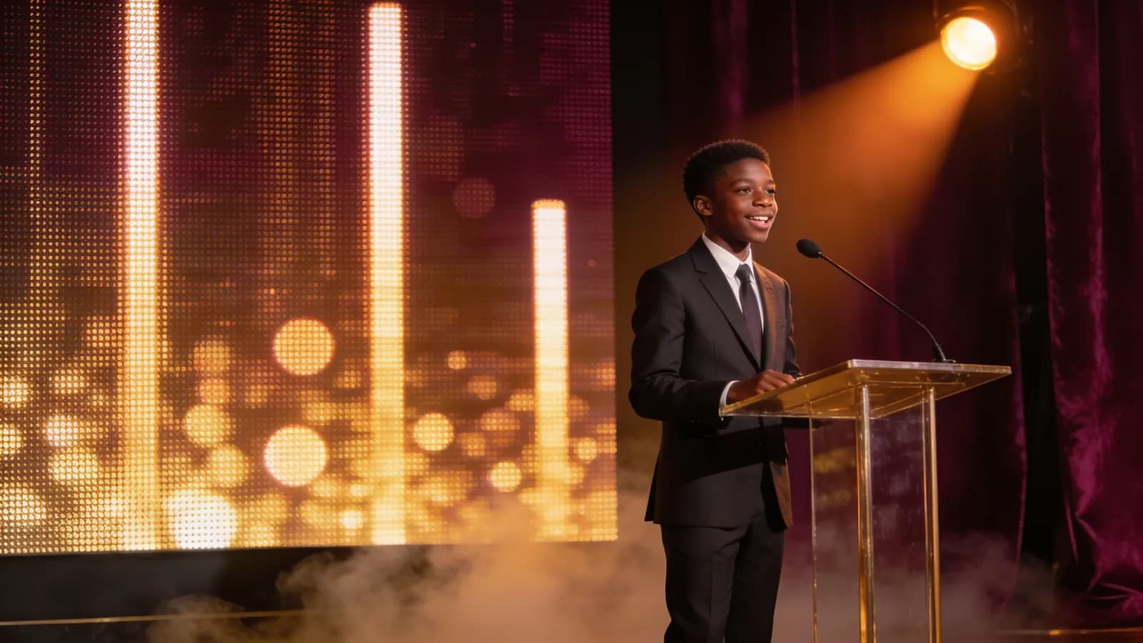 Un jeune orateur noir en costume sur scène, salle debout, lumière dorée