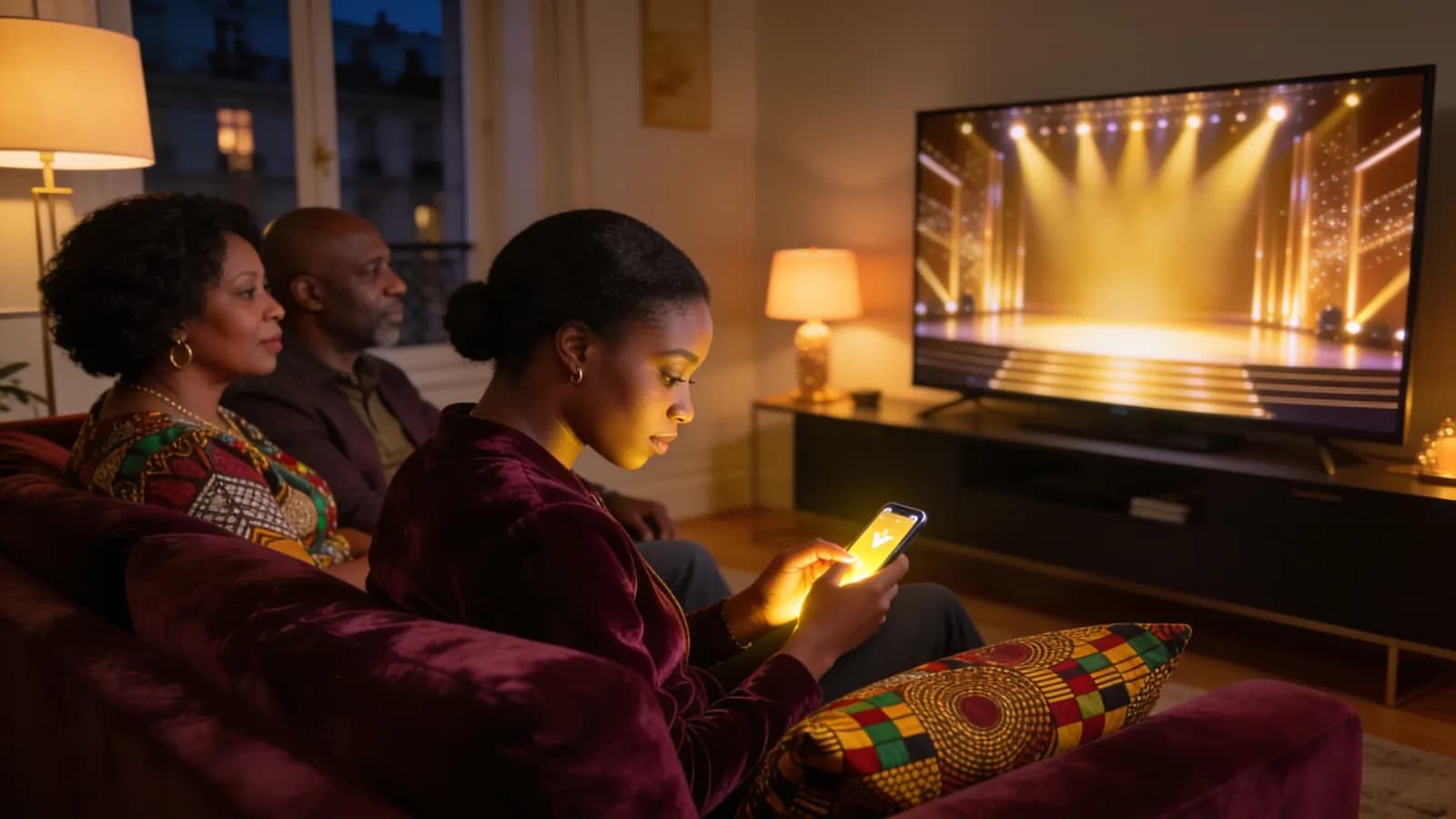 Une candidate noire partage sa story de concours depuis un téléphone, amies autour d'elle, rires