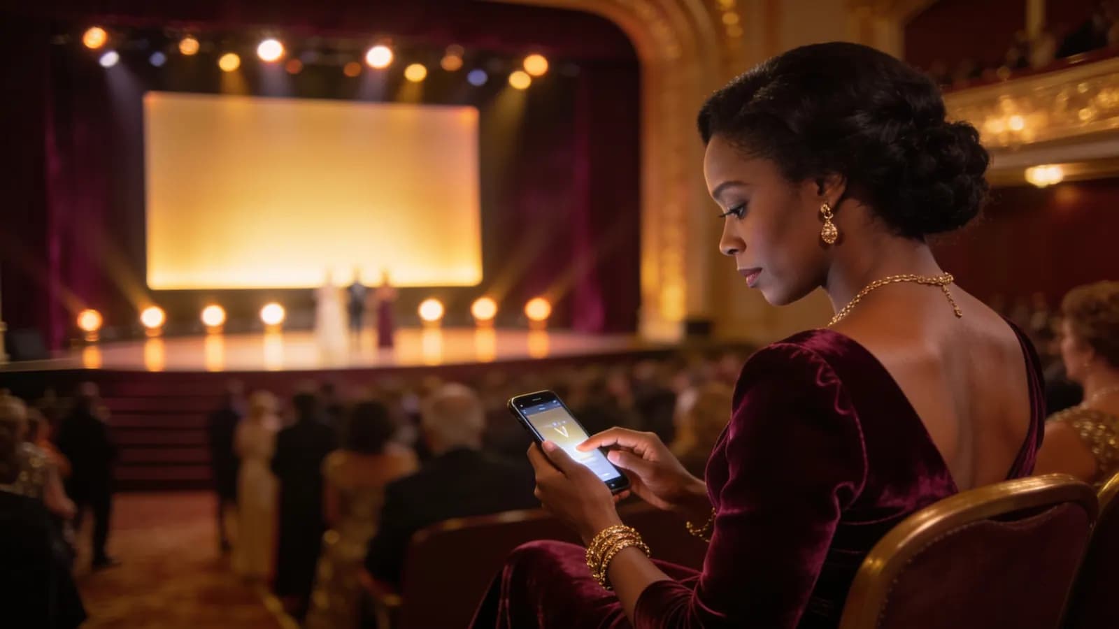 Une femme noire vote sur son téléphone, épaule d'un proche dans le cadre, salon à Douala